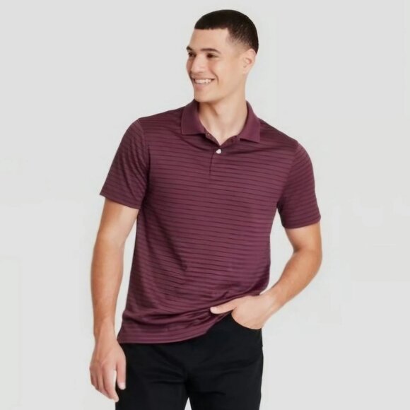 New Goodfellow & Co Performance Polo Burgundy w/ Navy Stripe Mens Size Large - Picture 1 of 12